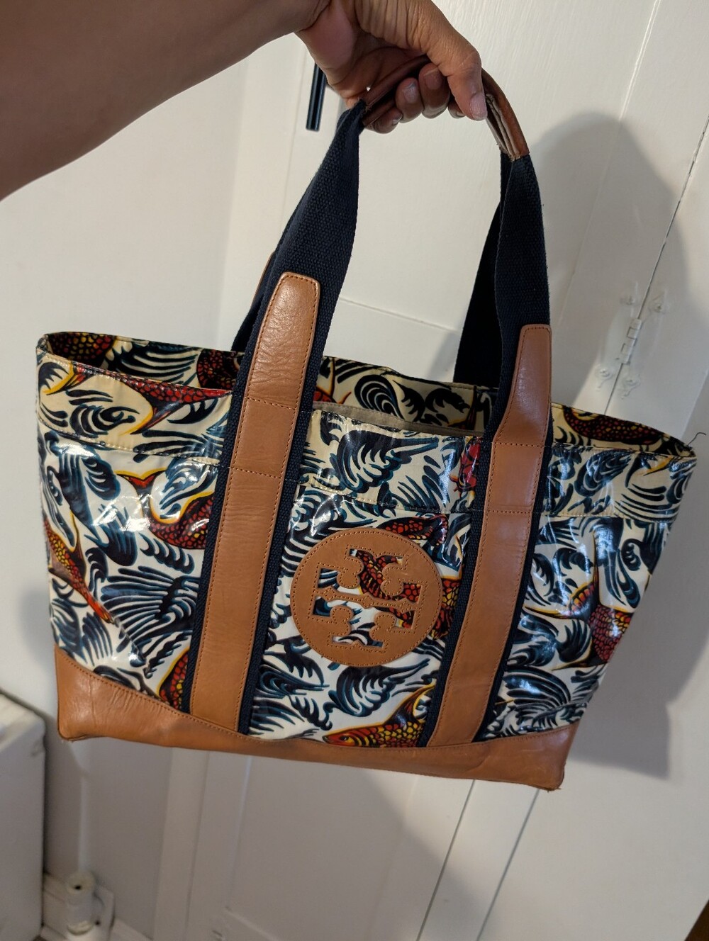 Tory Burch Canvas Tote with Tan Leather Trim and Gold Logo
